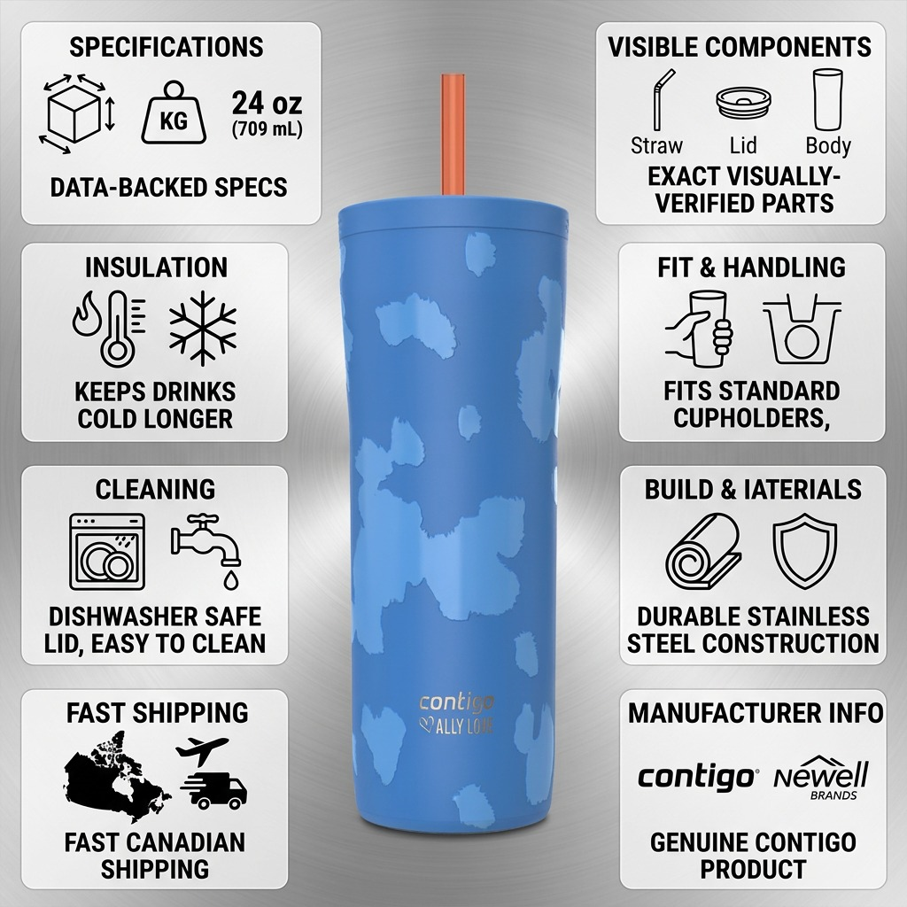 Contigo Streeterville 2.0 24oz tumbler in Stellar Jay blue with specs for insulation and shipping.