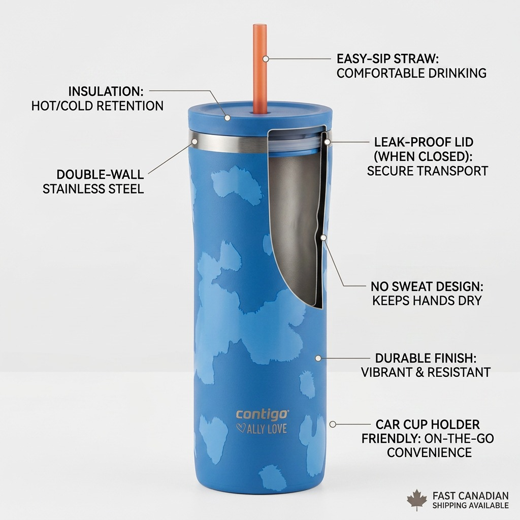 Feature diagram of the Contigo 2.0 Tumbler in Stellar Jay blue highlighting its vacuum insulation.