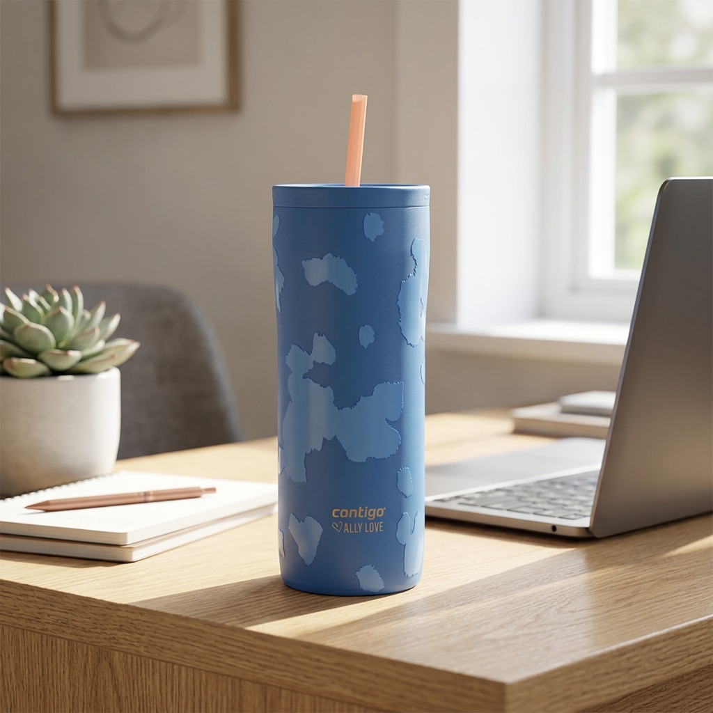 Blue Contigo x Ally Love Streeterville 2.0 24oz tumbler on a desk with a laptop and notebook.