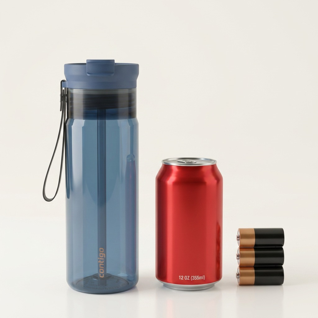 24oz Abyss Contigo Dual Sip water bottle next to a 12oz soda can and batteries for scale.