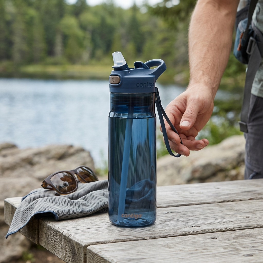A Contigo 24 oz Dual Sip water bottle in Abyss blue on a wooden table outdoors near a lake.