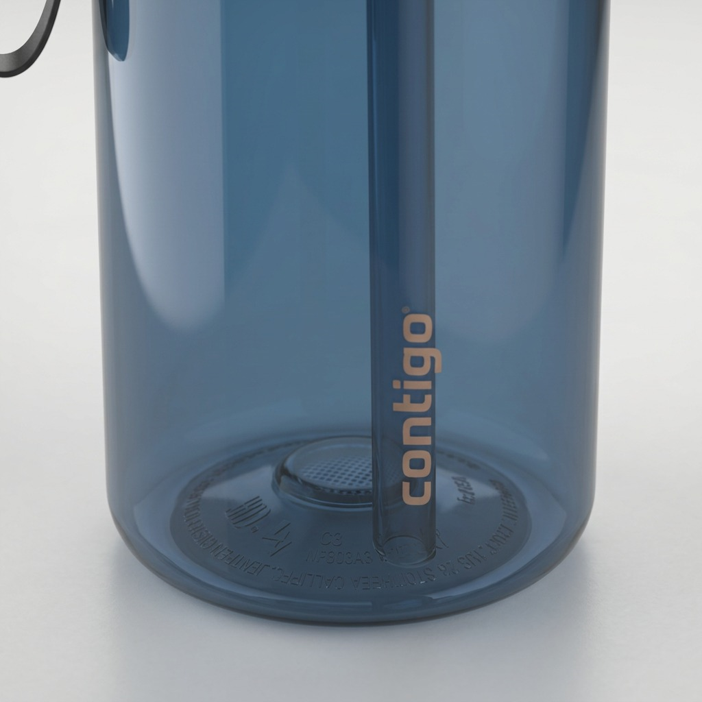 Macro view of a blue Contigo Dual Sip water bottle, showing the internal straw and transparent base.