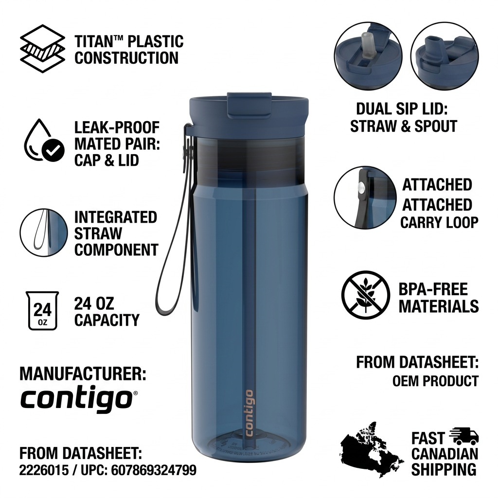 Contigo 24 oz Dual Sip water bottle in Abyss with icons for leak-proof lid, straw, and carry loop.