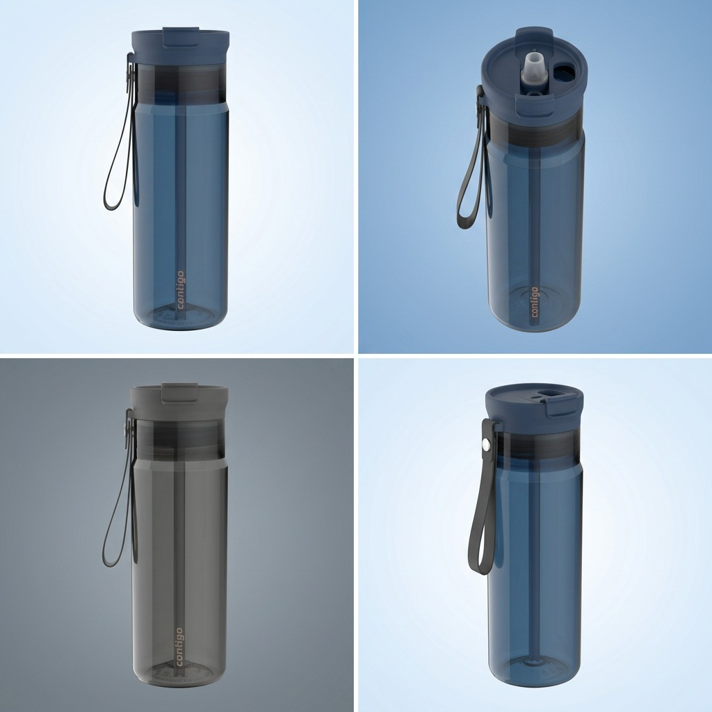 Grid showing the Contigo Dual Sip 24oz water bottle in abyss and grey colors from multiple angles.