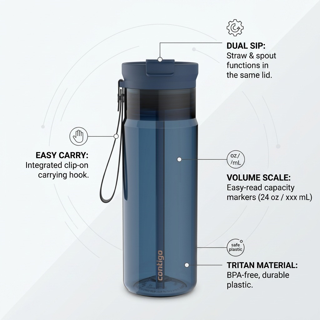 Contigo 24 oz Dual Sip water bottle features the straw and spout lid, carry hook, and volume scale.