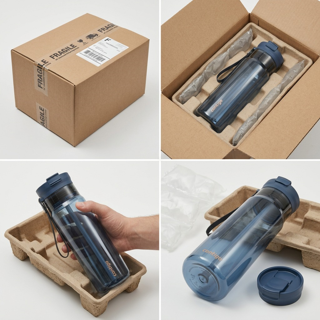 Contigo Dual Sip water bottle in abyss blue being unboxed from a secure shipping box with padding.