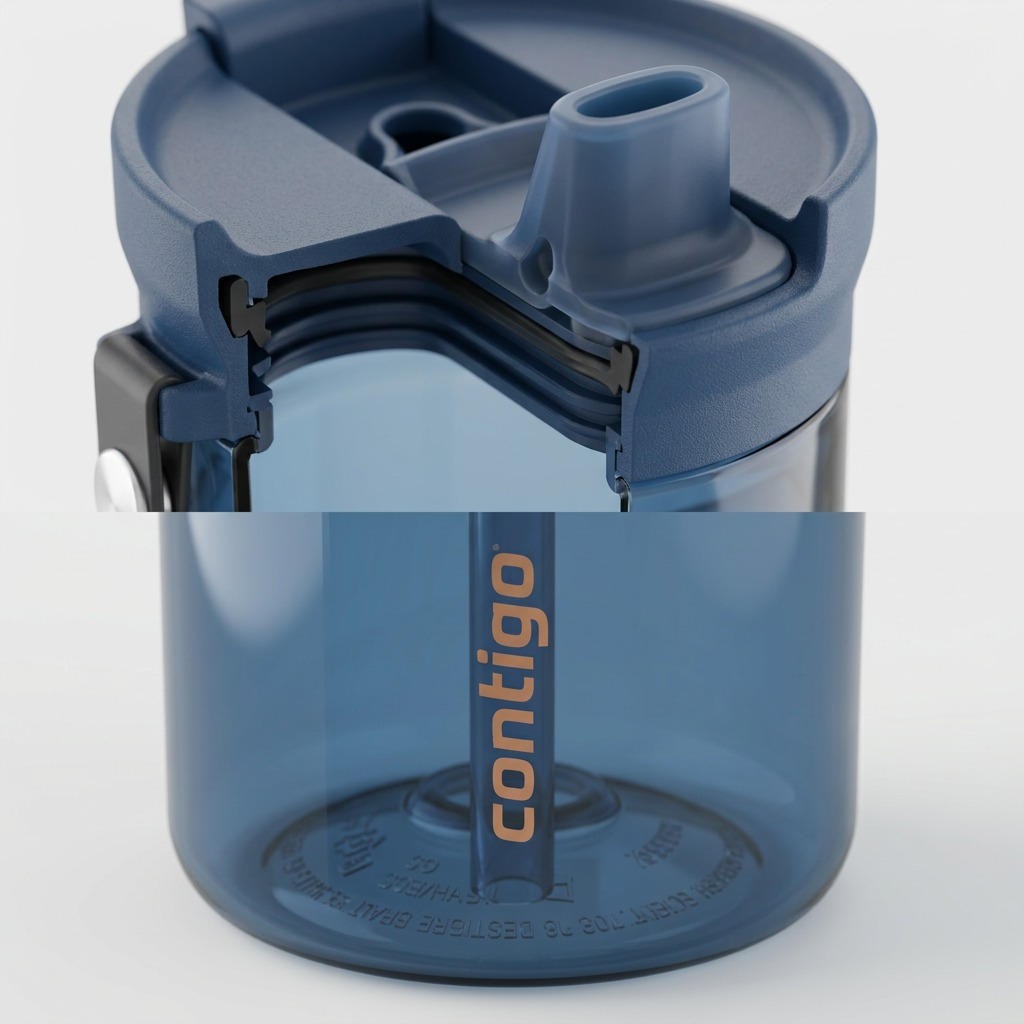 Macro cross-section of a blue Contigo Dual Sip water bottle lid showing the leak-proof silicone seal.