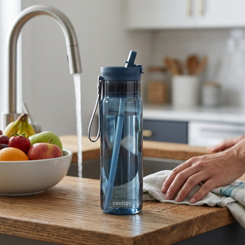A Contigo 28oz Dual Sip water bottle in Abyss blue sits on a kitchen counter near a fruit bowl.