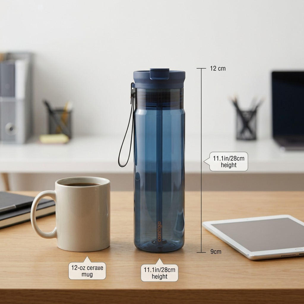 A 28oz Contigo Dual Sip water bottle standing 11.1 inches tall on a desk next to a 12oz ceramic mug.