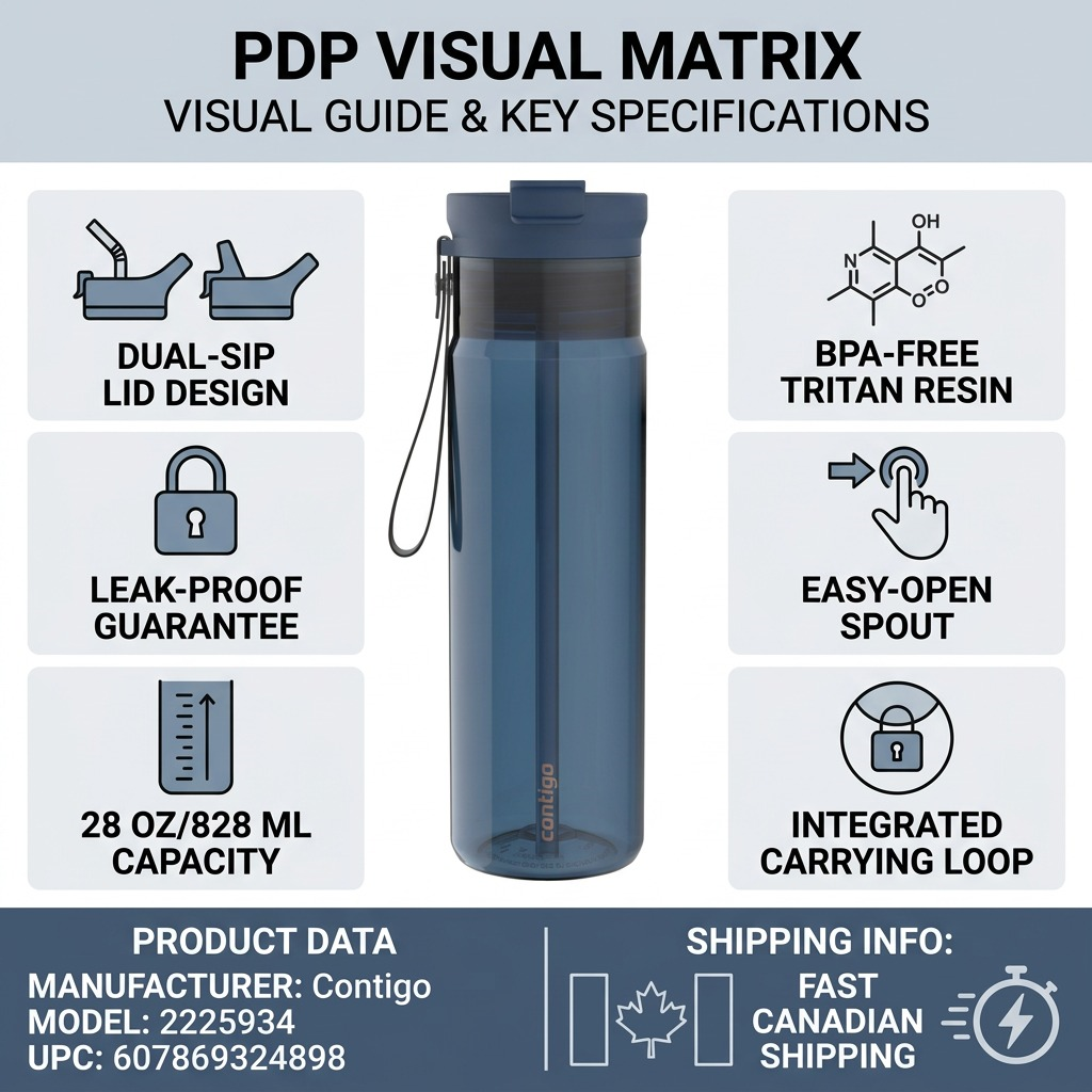 Contigo 28oz Dual Sip bottle infographic showing leak-proof lid, BPA-free Tritan, and fast shipping.