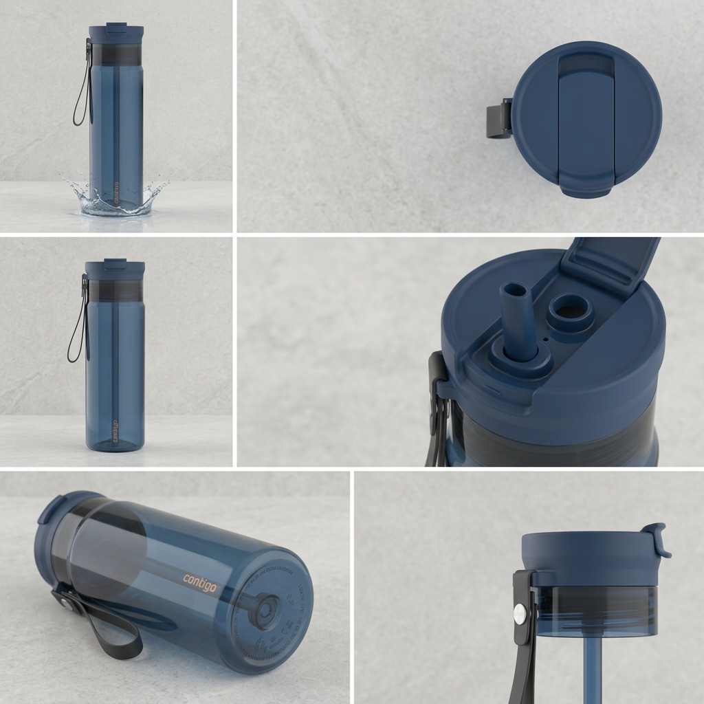 A grid of views of the Contigo 28oz Abyss blue water bottle, showing the dual sip lid and straw.