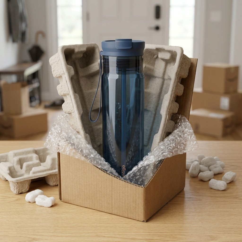 A blue 28oz Contigo Dual Sip water bottle sits securely inside a shipping box with protective molded cardboard and bubble wrap.