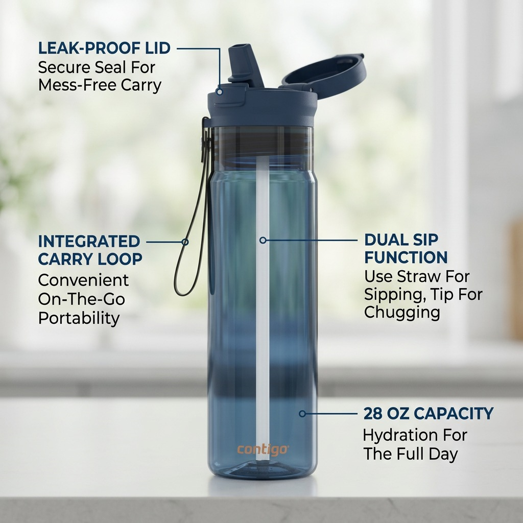 A 28oz Contigo Dual Sip Water Bottle in Abyss blue with labels for its leak-proof lid and carry loop.