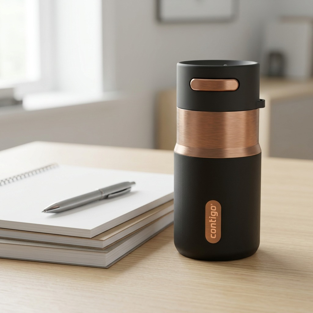 Contigo 10oz Licorice Bronze tumbler on a desk next to a pen and notebook for scale reference.