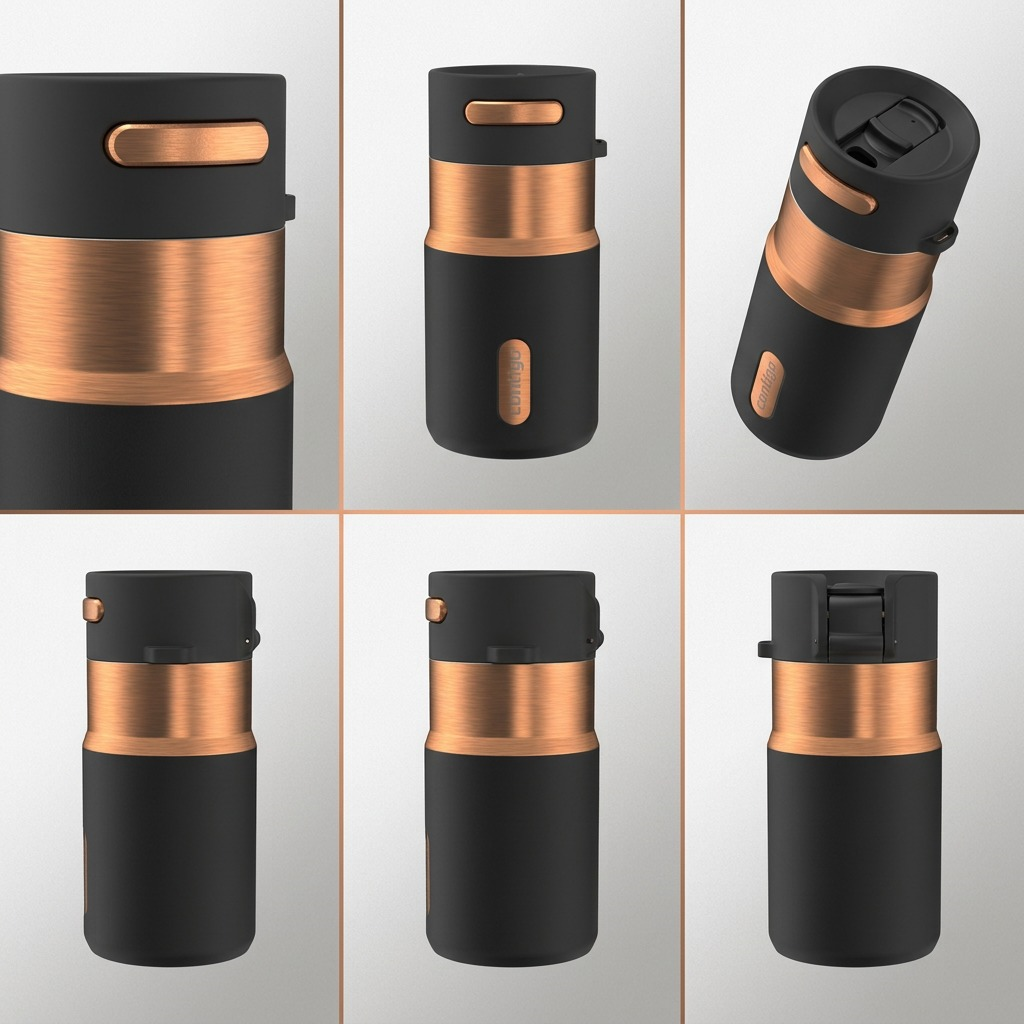 A multi-angle views of a 10oz Contigo Autoseal tumbler in matte black and PVD Licorice Bronze.