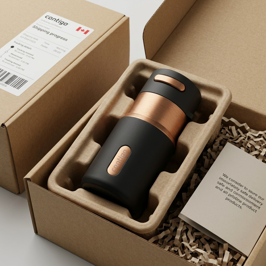 A Contigo Licorice Bronze thermal tumbler securely packed in a protective shipping box with inserts.