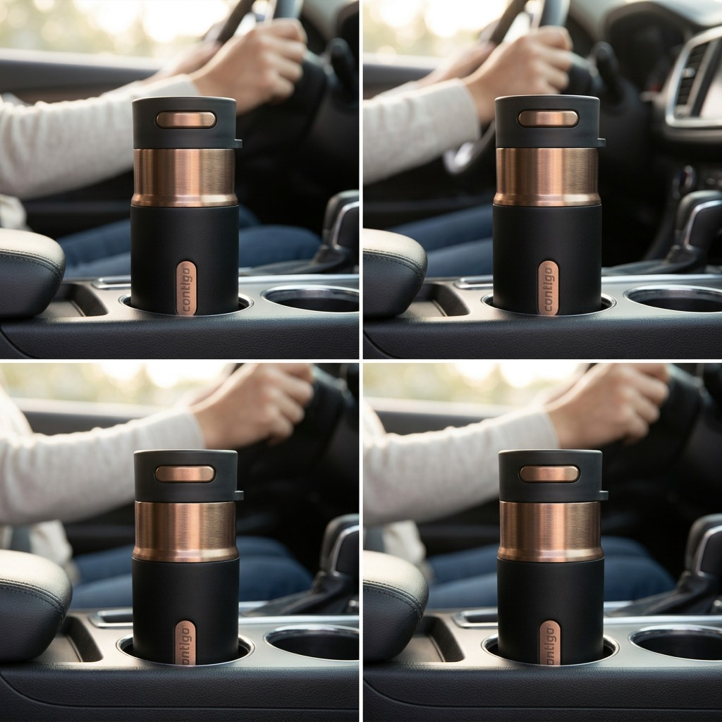 A Contigo Autoseal Licorice Bronze tumbler sits securely in a car cupholder during a commute.
