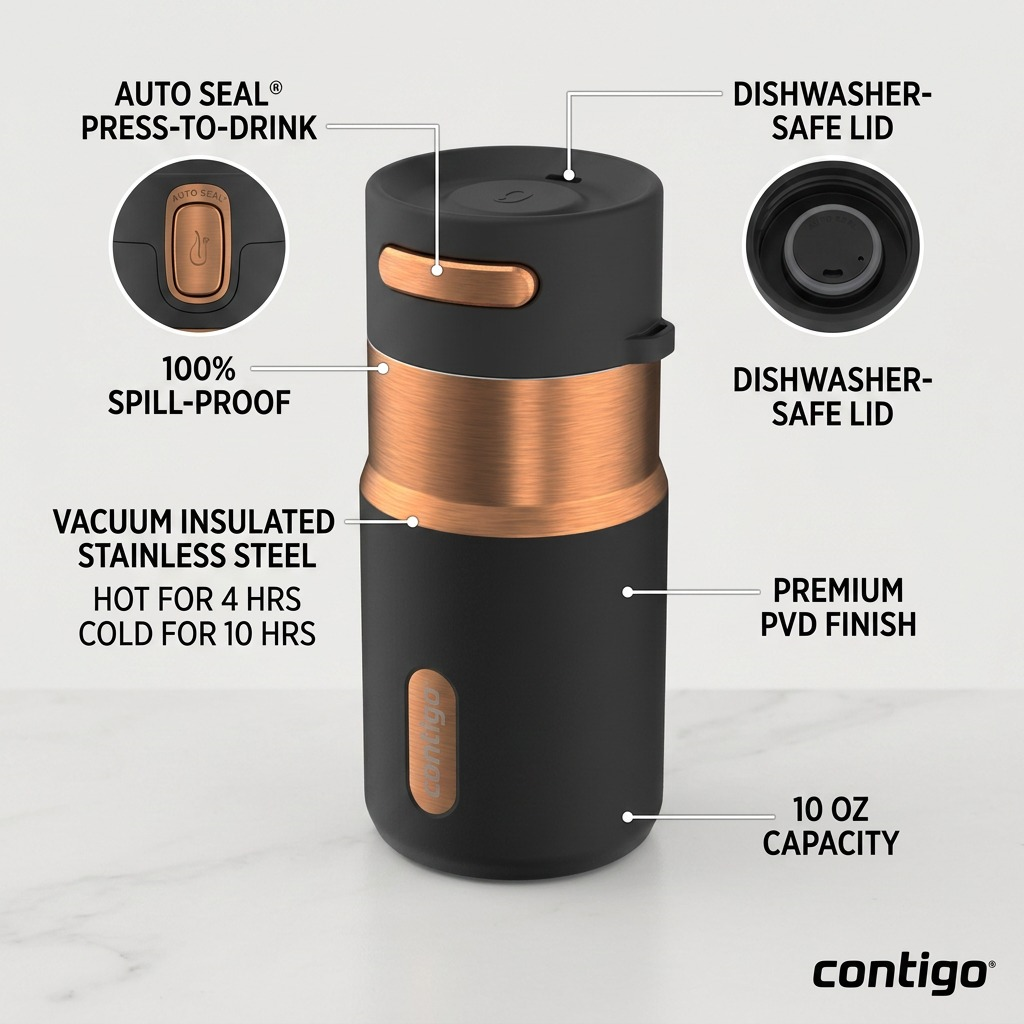 Contigo 10oz Licorice Bronze tumbler infographic showing Autoseal lid and vacuum insulation perks.