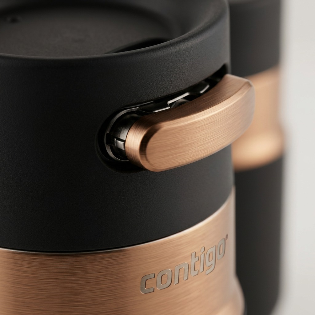 Macro detail of a Contigo Autoseal tumbler showing the bronze PVD button and black matte lid.