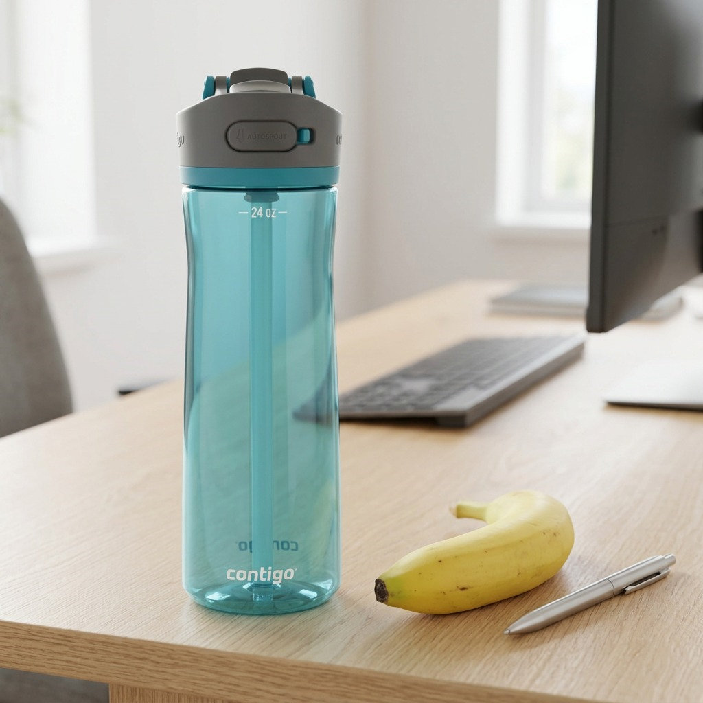 Juniper 24 oz Contigo Ashland 2.0 water bottle standing on a desk next to a banana for scale.