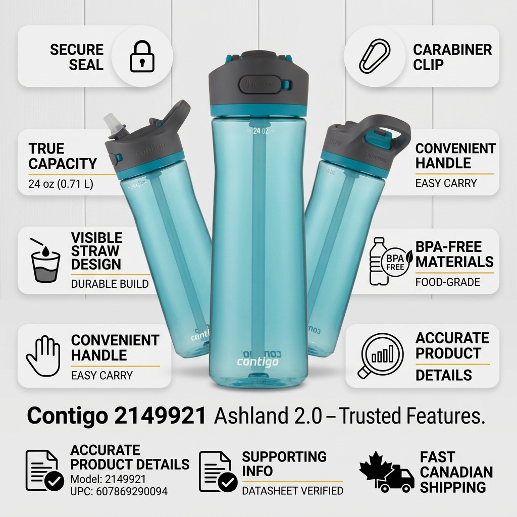 Trust infographic for Juniper Contigo Ashland 2.0 water bottle highlighting BPA-free materials and shipping.