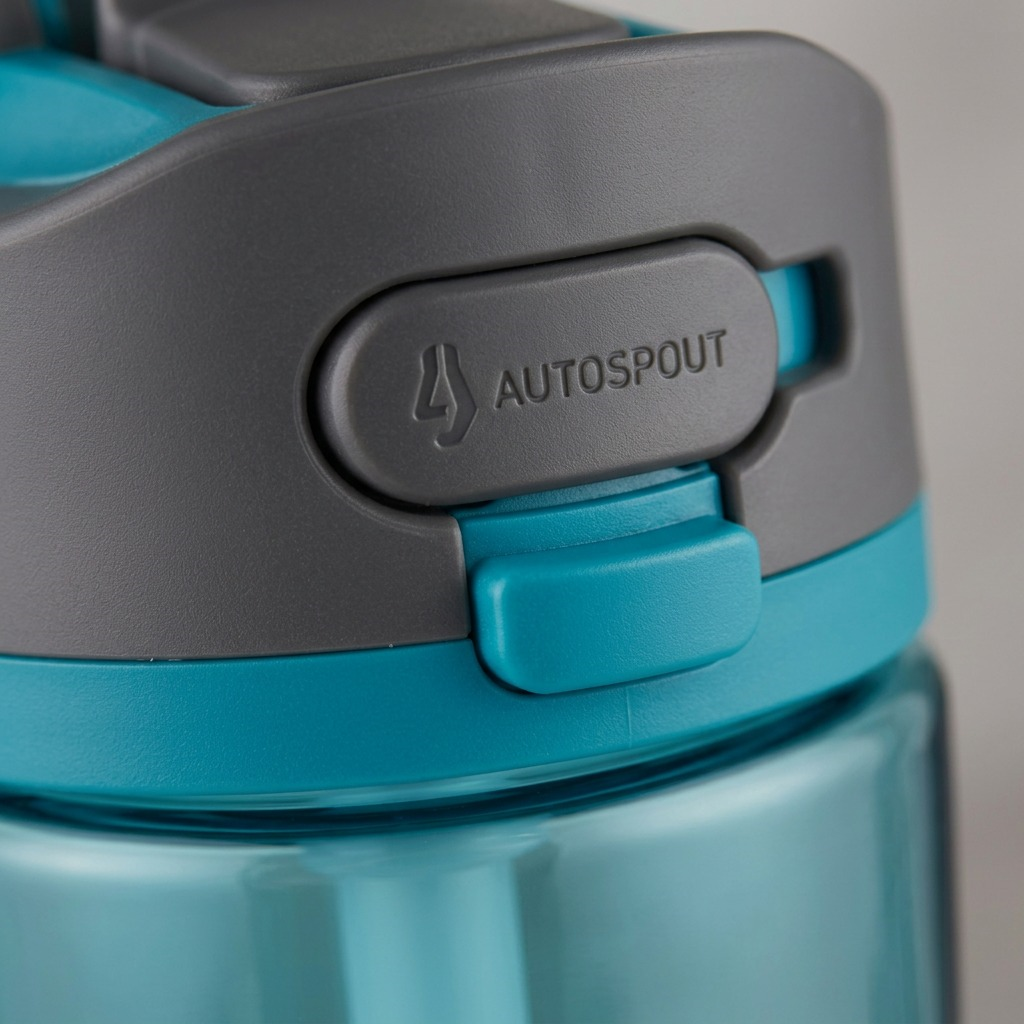 Macro detail of the Contigo Ashland 2.0 Autospout button and lock on a Juniper green water bottle.