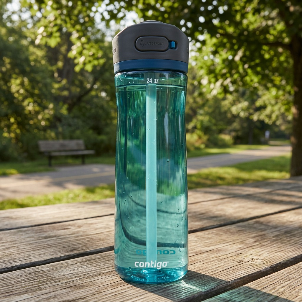A 24 oz Juniper Contigo Ashland 2.0 water bottle on a wooden picnic table in a sunny park setting.