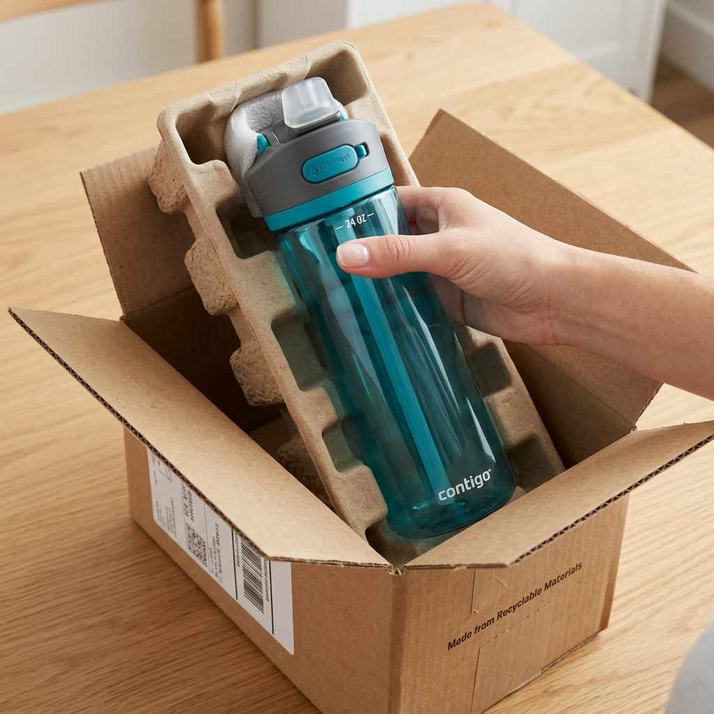 Unboxing a teal Contigo 2149921 Ashland 2.0 water bottle from a secure, recyclable cardboard box.