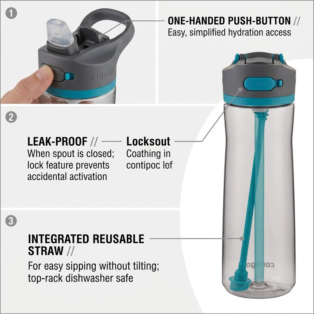 Contigo Ashland 2.0 water bottle features: one-handed push button, leak-proof lock, and reusable straw.