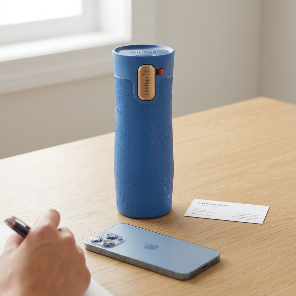 A 16oz Contigo x Ally Love travel mug in Stellar Jay blue on a desk next to a phone for scale.