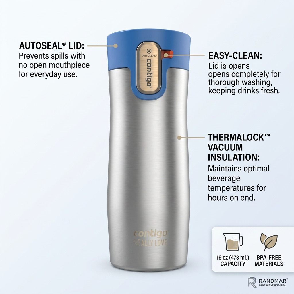 Contigo x Ally Love West Loop 3.0 Mug features: AUTOSEAL spill-proof lid, easy-clean design, and thermal insulation.