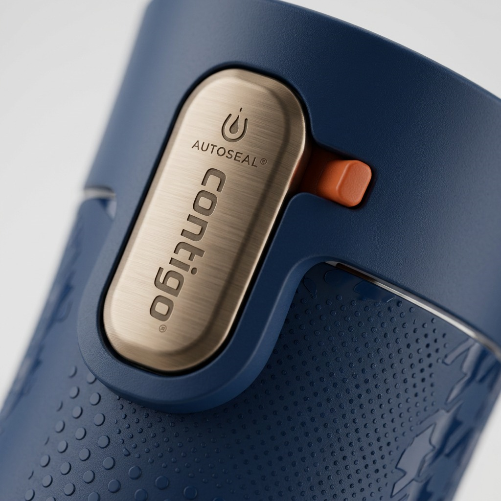 Macro detail of the Contigo x Ally Love West Loop 3.0 brass AUTOSEAL button and blue textured grip.