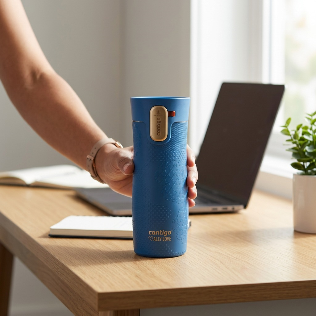 Person holding a blue Contigo x Ally Love West Loop 3.0 travel mug on a desk with a laptop.