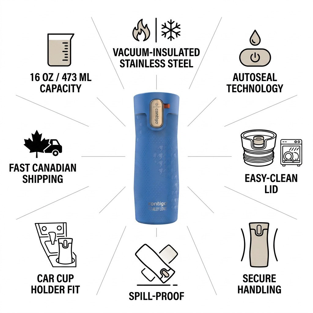 Contigo Ally Love Travel Mug infographic highlighting leak-proof lid, stainless steel, and 16oz size.