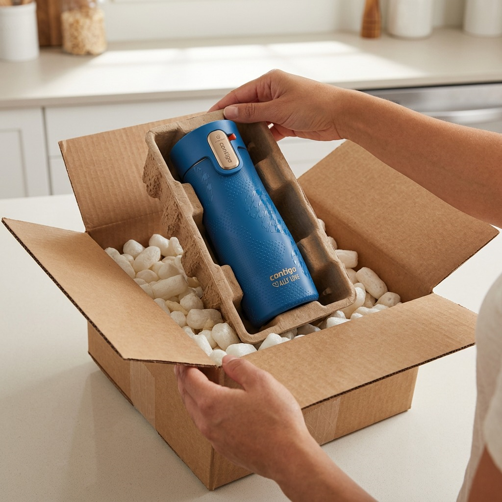 A person unboxing a blue Contigo x Ally Love travel mug from a secure shipping box with padding.