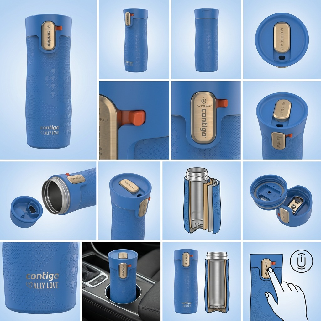 A grid of images showing the Contigo x Ally Love 16oz West Loop 3.0 Travel Mug from various angles.