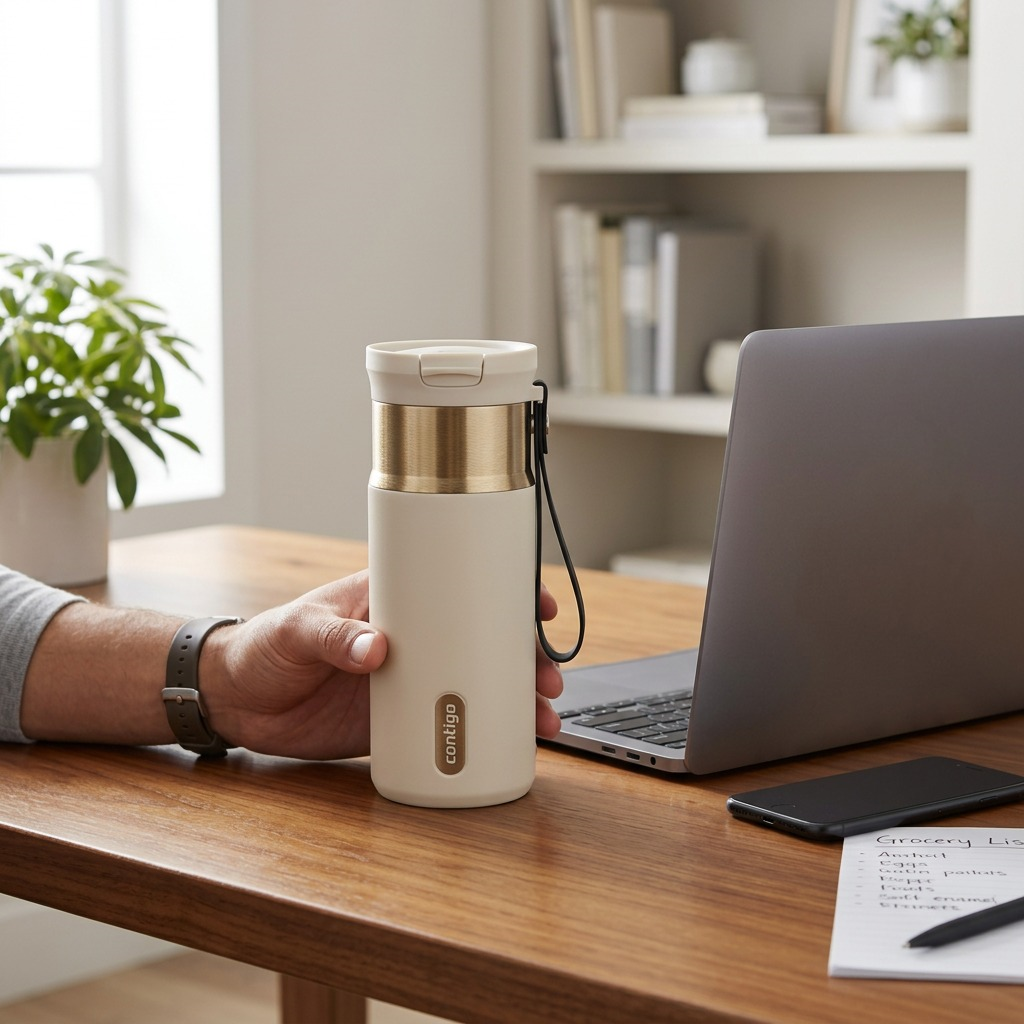 Hand holding a 16oz Oatmilk Contigo Snapseal travel mug on a desk next to a laptop for scale.