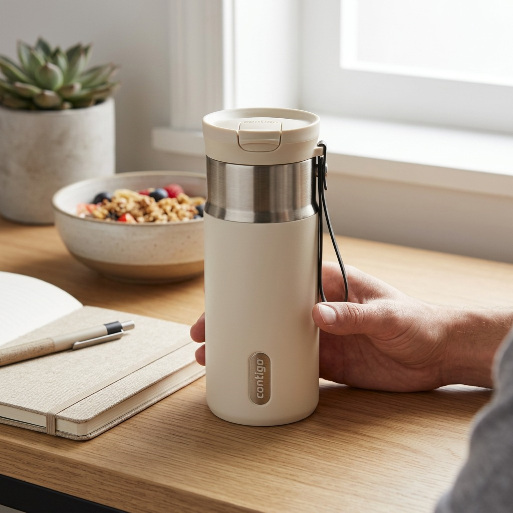 A hand holds an oatmilk-colored Contigo 16oz Snapseal travel mug on a desk with a notebook and bowl.
