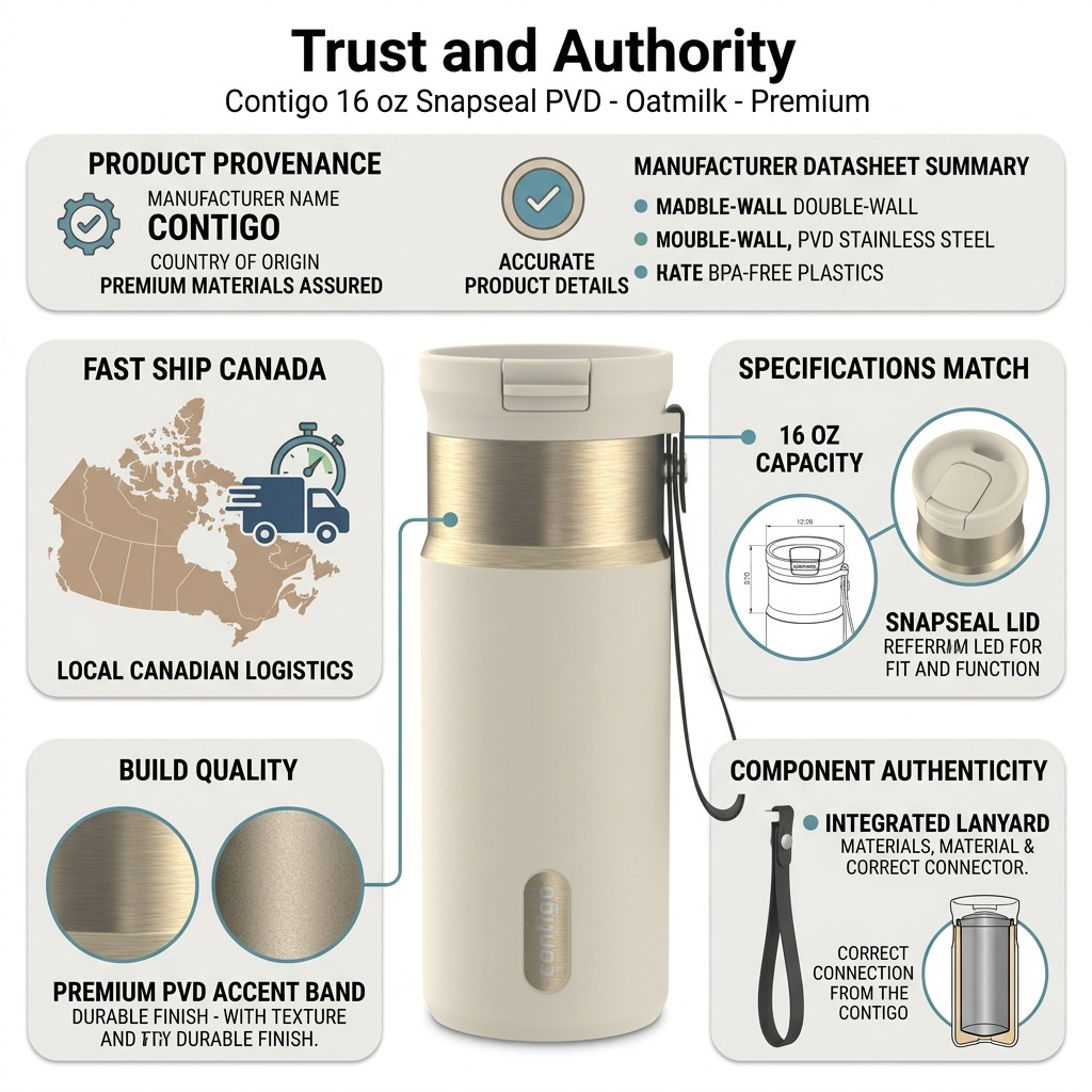 Contigo 16oz Oakmilk travel mug infographic showing build quality, PVD band, and Snapseal lid.