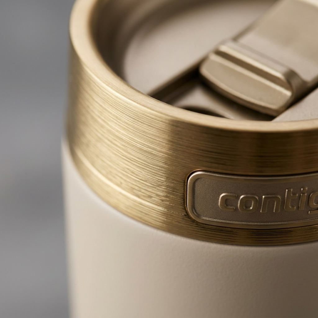 Macro close-up of the Contigo Snapseal Travel Mug showing the brushed metal rim and oatmilk finish.