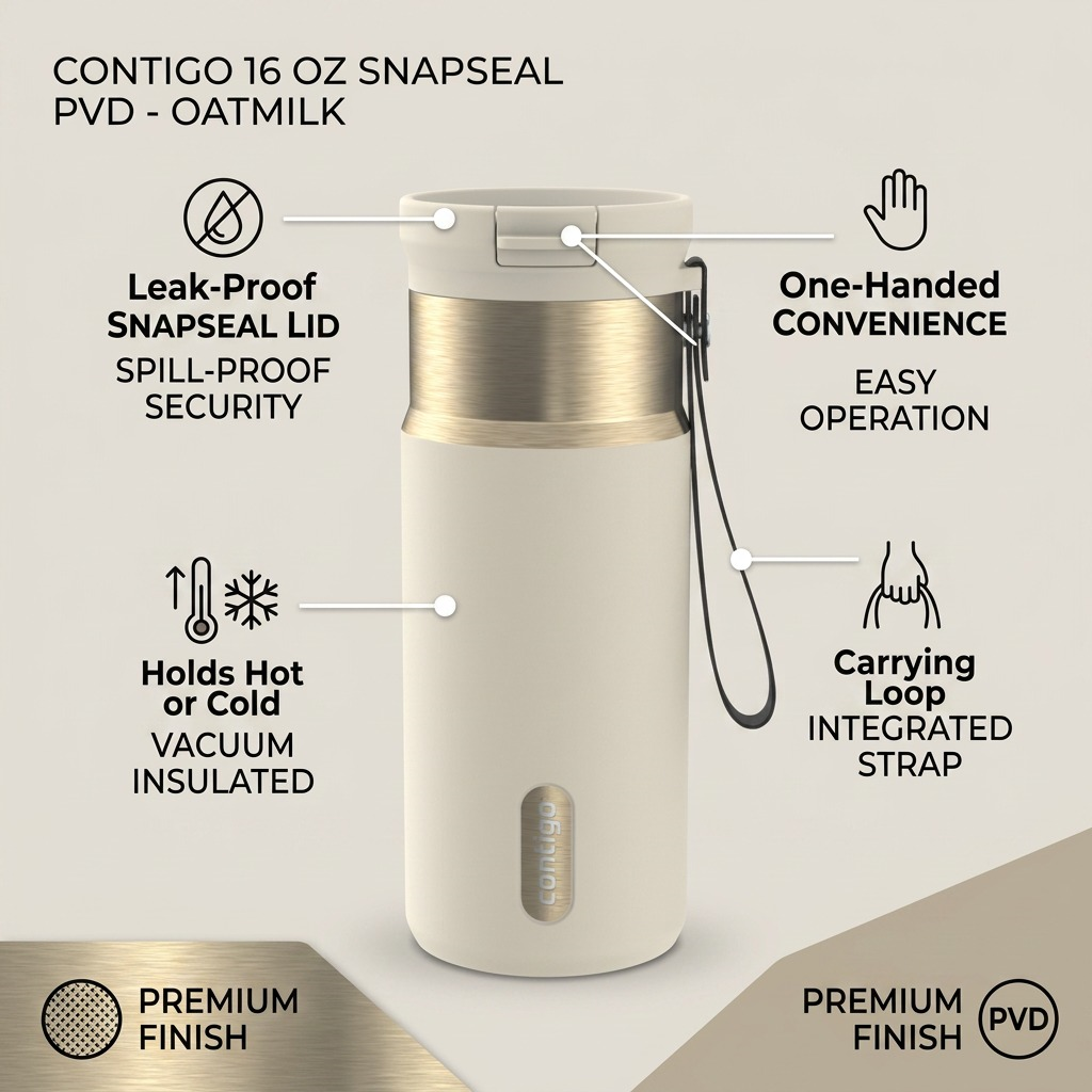 Contigo 16oz Snapseal PVD Oatmilk travel mug infographic showing leak-proof lid and vacuum insulation.