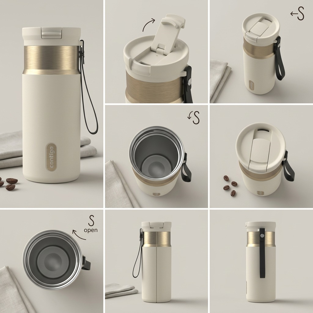 Grid of the Contigo Snapseal Travel Mug in Oatmilk showing the lid, interior, and various angles.