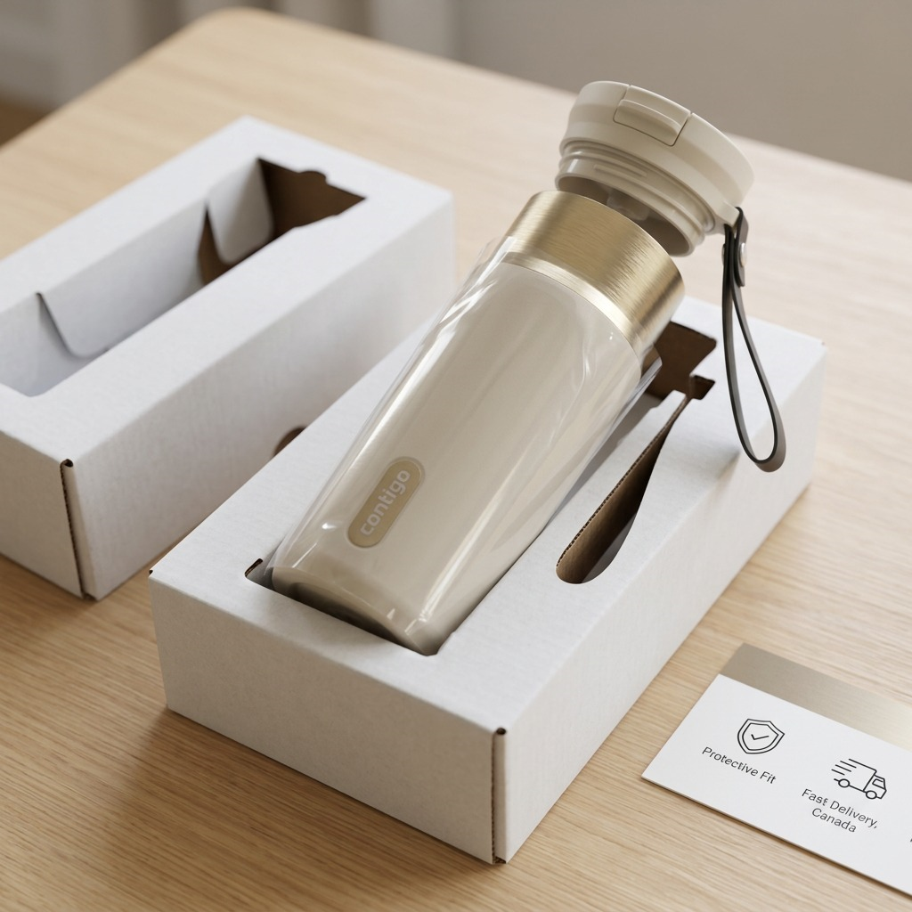 Contigo 16oz Snapseal PVD Travel Mug in Oatmilk being unboxed from a secure, custom-fit white box.