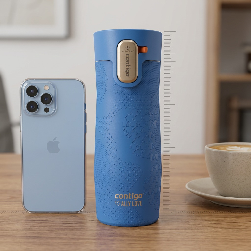 Blue Contigo x Ally Love 16oz West Loop 3.0 Travel Mug shown for scale next to a mobile phone.