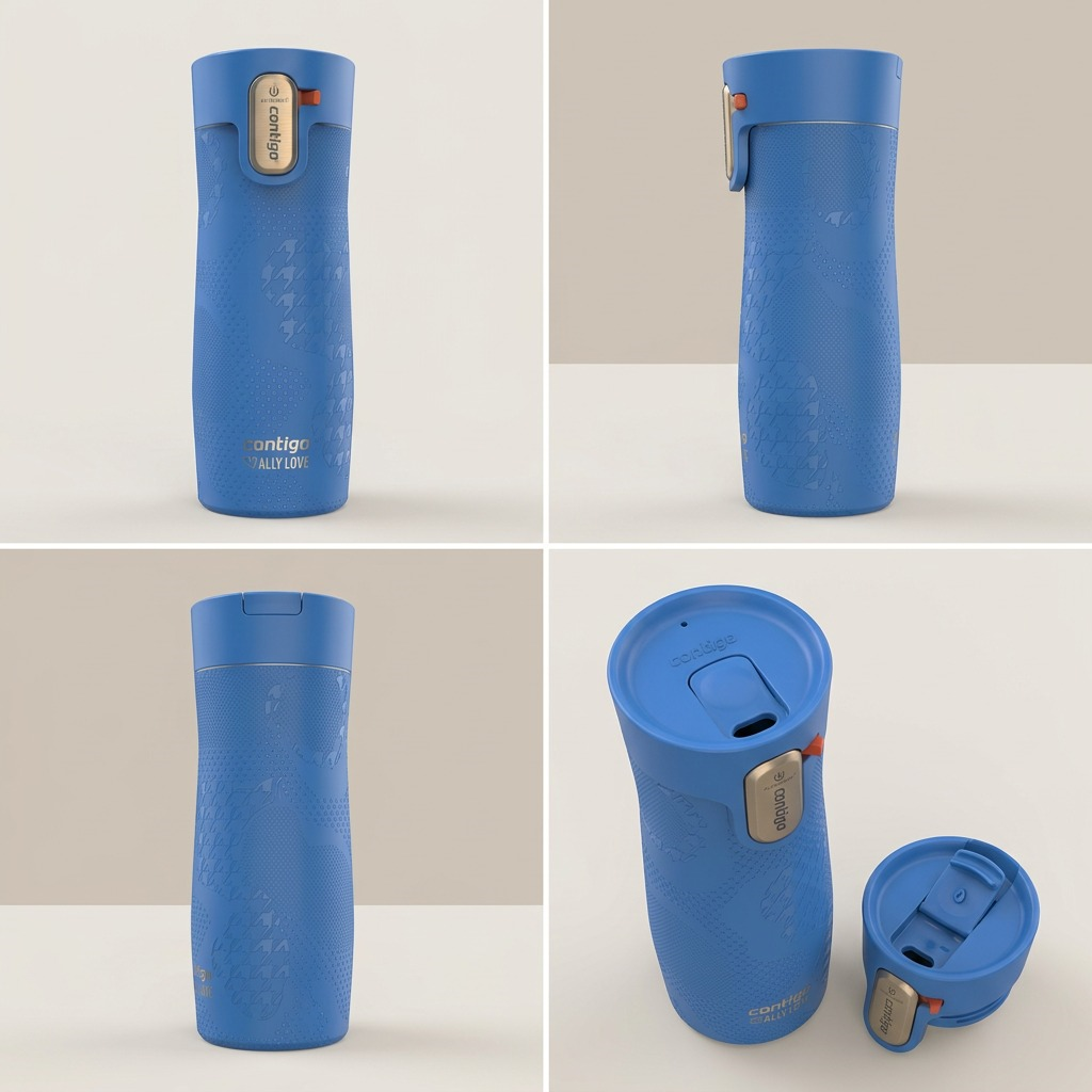 Four-panel view of Contigo Ally Love West Loop 16oz mug in Stellar Jay showing front, side, and lid.
