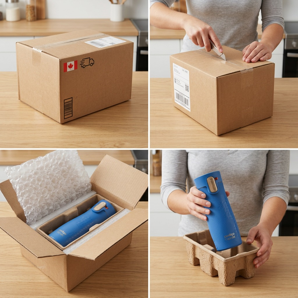 Person unboxing a blue Contigo x Ally Love travel mug from a secure shipping box with bubble wrap.