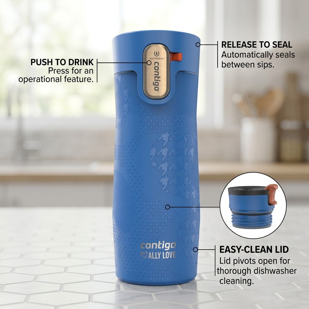 Contigo x Ally Love West Loop 3.0 blue travel mug with AUTOSEAL lid feature callouts for easy cleaning.