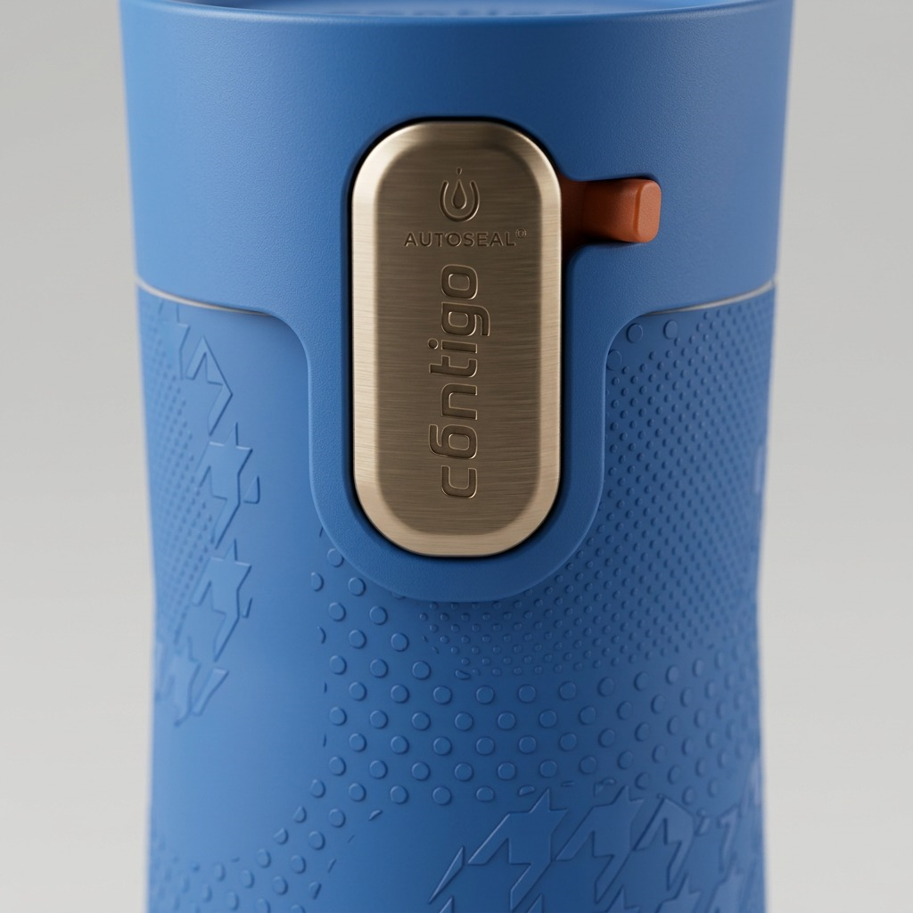 Macro detail of the Contigo Autoseal button and locking switch on a Stellar Jay blue travel mug.