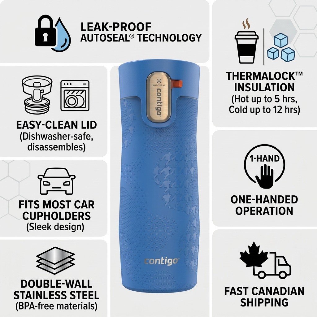 Contigo Ally Love West Loop 3.0 Infographic: Stellar Jay blue mug shown with product features including leak-proof lid, insulation, one-handed use, and fast Canadian shipping.
