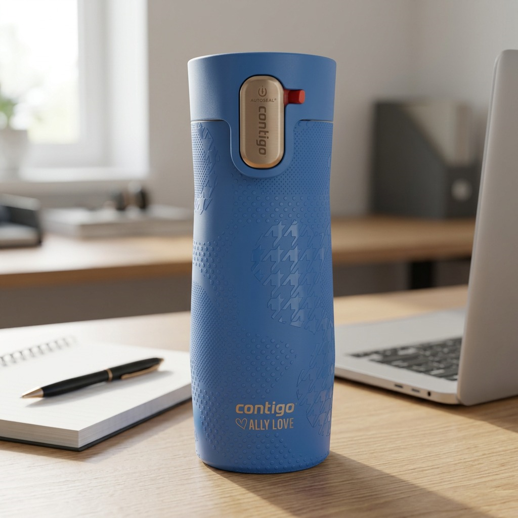 Blue Contigo x Ally Love West Loop 3.0 travel mug on a wood desk next to a laptop and notebook.